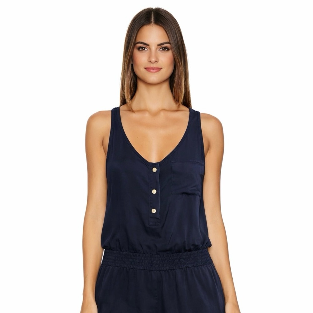 Ali Ro Navy Silk Romper Gold Button Front Racerback Size 0